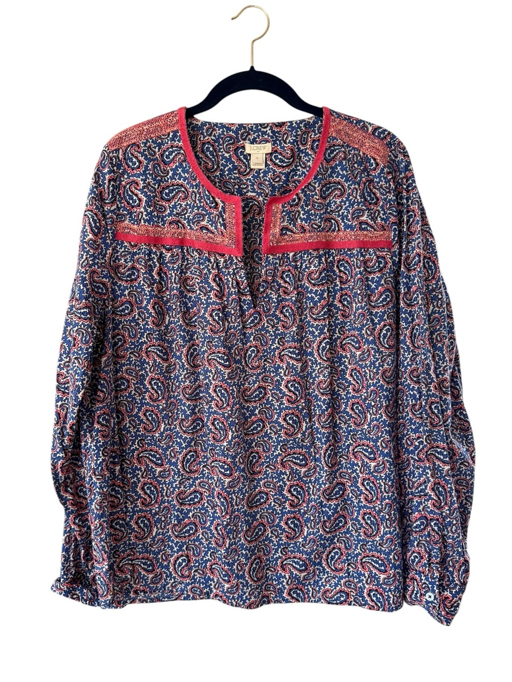 J. Crew Cotton Paisley Long-Sleeve Blouse Size XL Pink Blue Boho Casual
